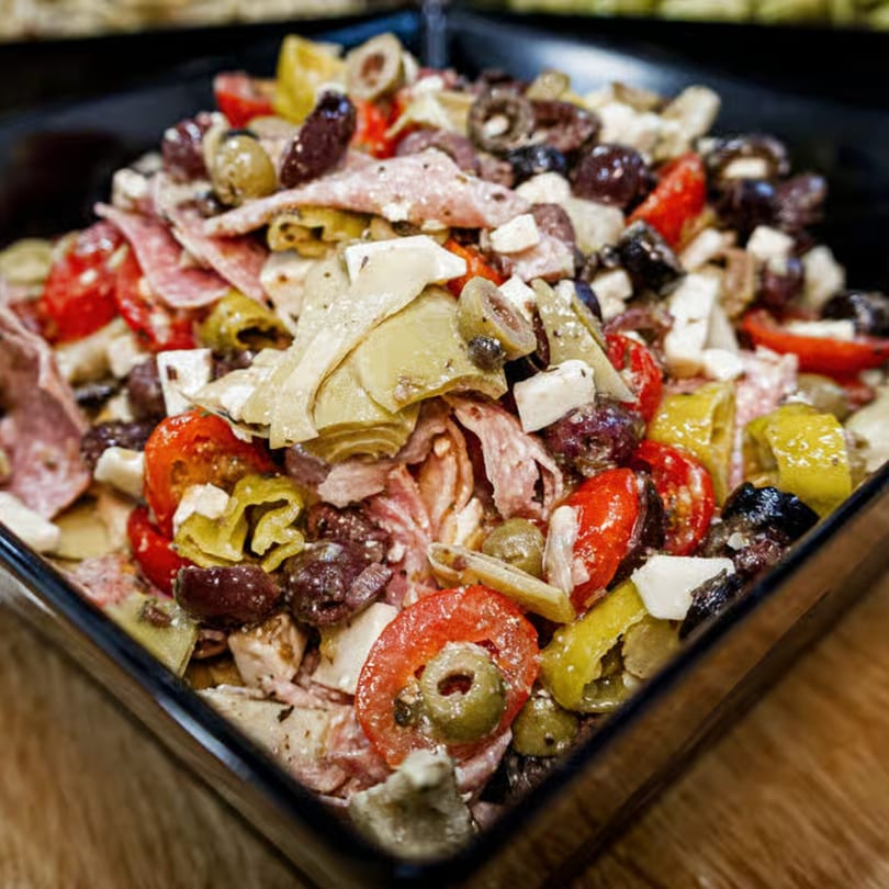 A close-up of a vibrant Italian deli salad with salami, olives, tomatoes, and cheese.